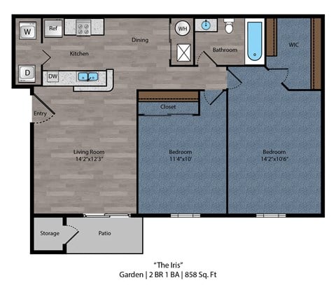 Floor plan for 2 beds, 1 bath, 858 sqft